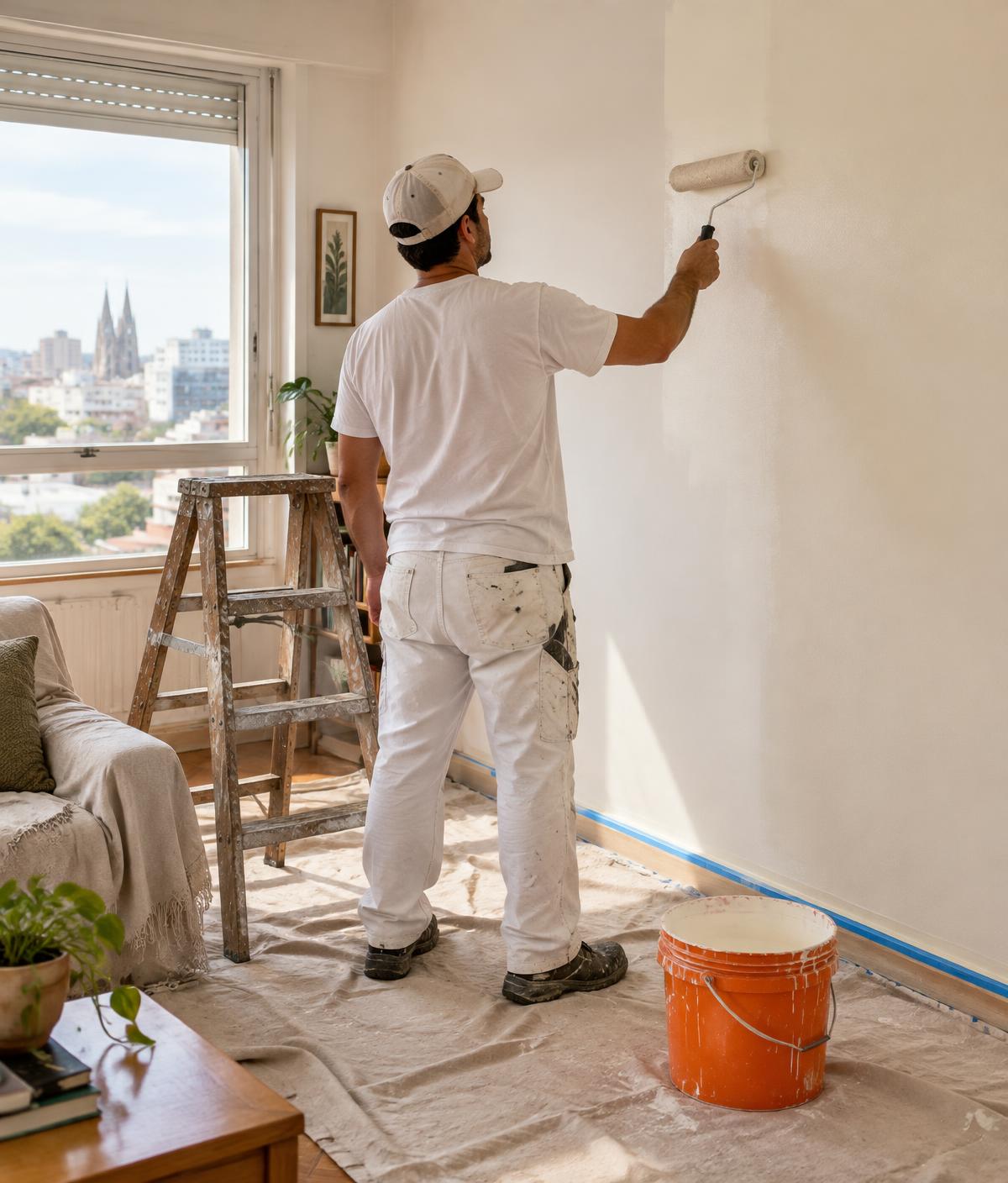 Pintor trabajando con rodillo en un departamento protegido y luminoso